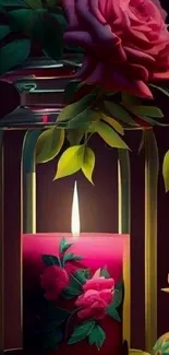 Elegant candle surrounded by flowers in a rich crimson tone.