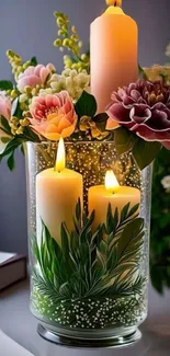 Elegant arrangement of candles and flowers in a decorative glass vase.