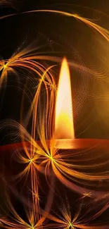 Mobile wallpaper with glowing candle and orange abstract patterns.