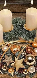 Elegant candles with holiday wreath on wooden table.