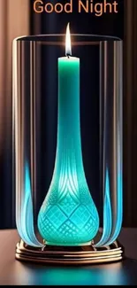 Teal candle in elegant holder with 'Good Night' text.