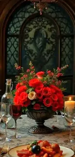 Candlelit dinner table with red roses centerpiece and elegant tableware.