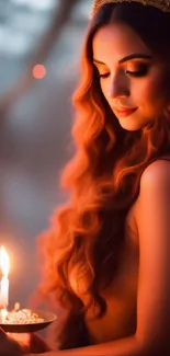 Elegant woman holding candle in serene, warm light setting.