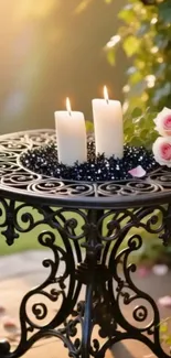 Ornate table with candles and roses.