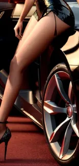 Elegant fashion figure leaning on a sleek car, high heels, rich black tones.