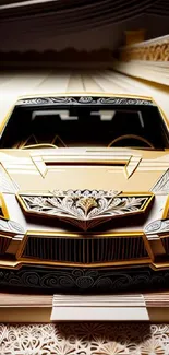 Intricate gold paper art car design in luxury style.