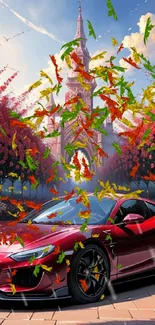 Red sports car in front of a castle, surrounded by blossoming trees.