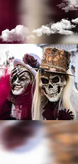 Elegant carnival masked duo with artistic detail and rich colors.