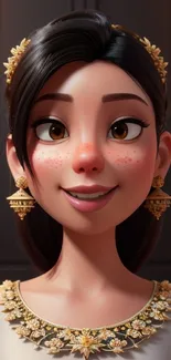 Elegant cartoon character with ornate jewelry and warm smile.