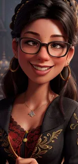 Animated character with glasses and ornate dress, warm tones.