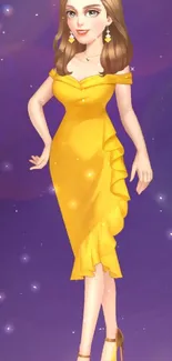 Cartoon character in yellow dress on vibrant stage wallpaper.