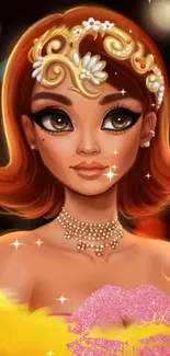 Stylish cartoon girl with intricate jewelry in a vibrant wallpaper.