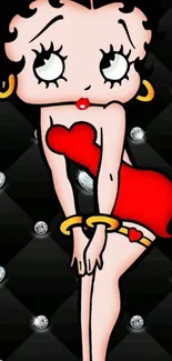 Cartoon character in red dress on a black background with hearts.