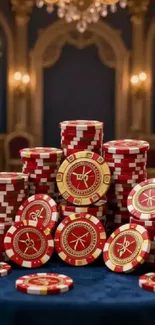 Lavish setting with stacked red casino chips.