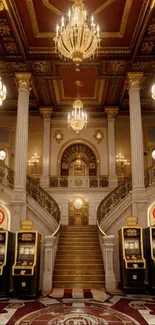 Luxurious casino entrance with chandeliers and stairs in red and gold decor.