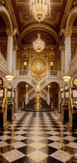 Luxurious casino interior with gold, marble, and chandeliers.