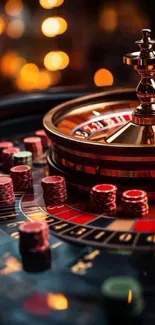 Roulette wheel and casino chips with dark red accents on a mobile wallpaper.