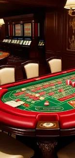 Elegant casino table with roulette setup in luxurious setting.