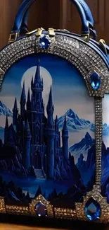 Elegant castle backpack with jewels and a blue theme.