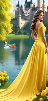 Elegant lady in yellow gown by lake and castle.