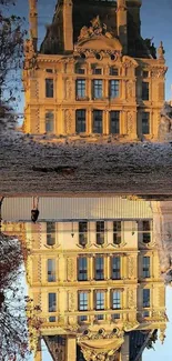 Elegant castle and its reflection during golden hour.