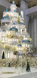 Intricate castle-themed cake display with white and blue details.