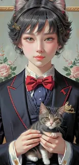 An elegant girl in a vintage frame with a cat.