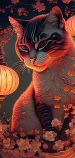 A majestic cat with glowing lanterns and cherry blossoms in artistic design.