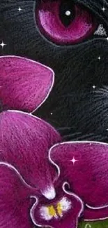 Black cat with vibrant purple orchids creating an artistic and elegant wallpaper design.