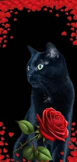 Black cat surrounded by red roses and heart petals on a mobile wallpaper background.