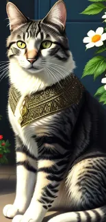 Elegant cat with collar in a floral setting, perfect for mobile wallpaper.