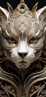 Intricate gold and white cat art on a stylish black background.