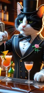 Cat bartender elegantly serves cocktails with stylish flair.