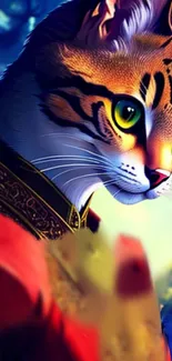 Elegant fantasy cat with vibrant colors in jungle setting.