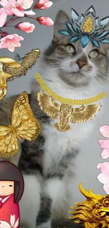 Cat adorned with gold jewels surrounded by blossoms.