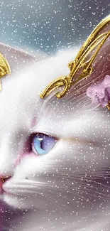 Fantasy cat with gold accents and lilac flowers mobile wallpaper.