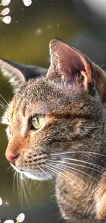 Close-up of a cat's face with floral design.