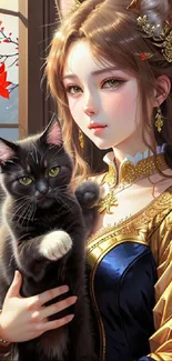 Fantasy anime girl with cat ears holding a black cat in golden attire.