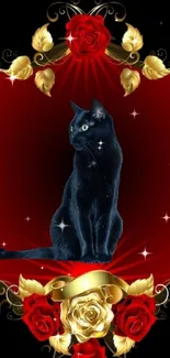 Black cat on red and gold floral design wallpaper.