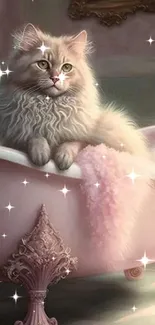 Fluffy cat lounging in a vintage pink bathtub with ornate details.