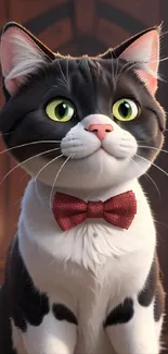 Charming cat with green eyes and a red bow tie on elegant wallpaper.