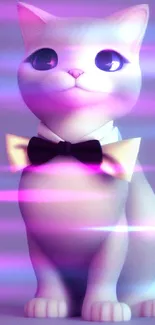 Elegant white cat with bow tie on a purple background.