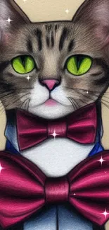 Stylish cat in red bow ties with green eyes on beige background.