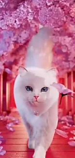 Elegant white cat walking under cherry blossom canopy.