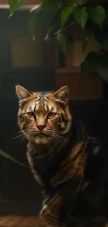 Majestic cat in a cozy room with lush green leaves.