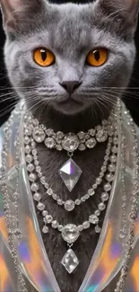 Gray cat wearing dazzling crystal necklaces.