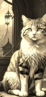 A majestic cat in a sepia-toned fantasy setting.