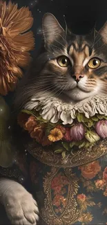 Regal cat in floral dress surrounded by vibrant flowers.