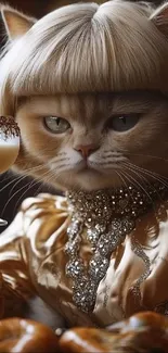 A cat elegantly dressed in gold sitting with a drink.