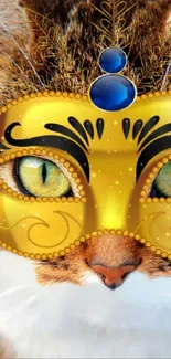 A cat in a golden mask with jeweled details and bright eyes.